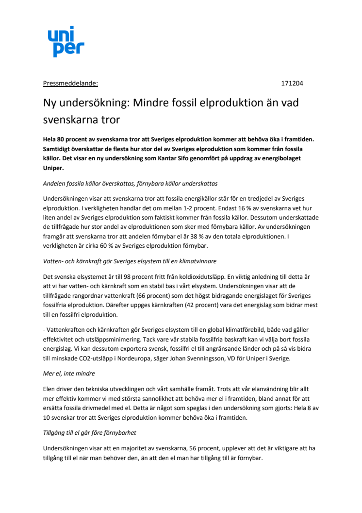 Ny undersökning: Mindre fossil elproduktion än vad svenskarna tror 