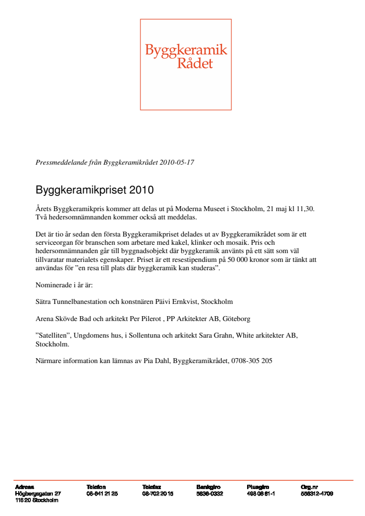 Byggkeramikpriset 2010
