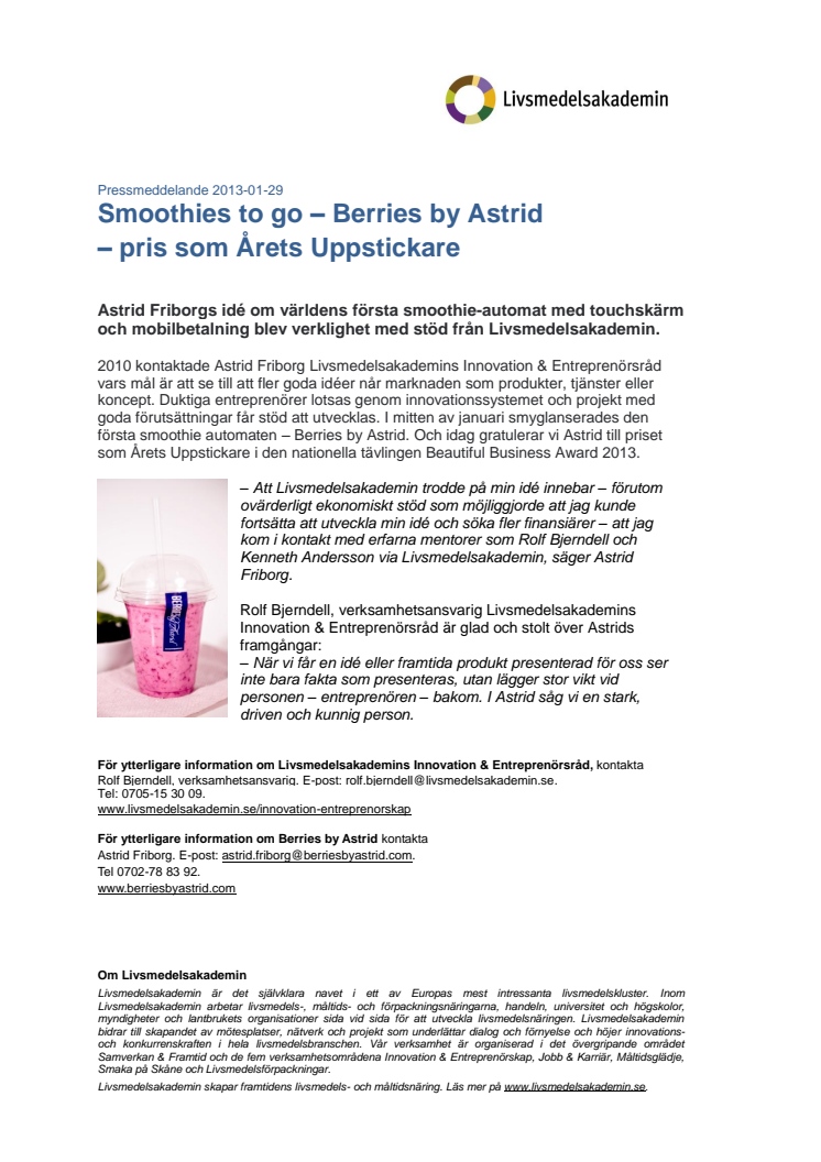 Smoothies to go – Berries by Astrid – pris som Årets Uppstickare