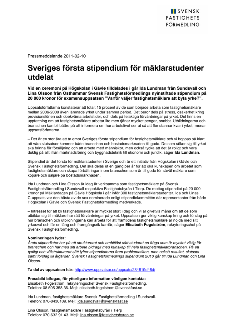 Sveriges första stipendium för mäklarstudenter utdelat