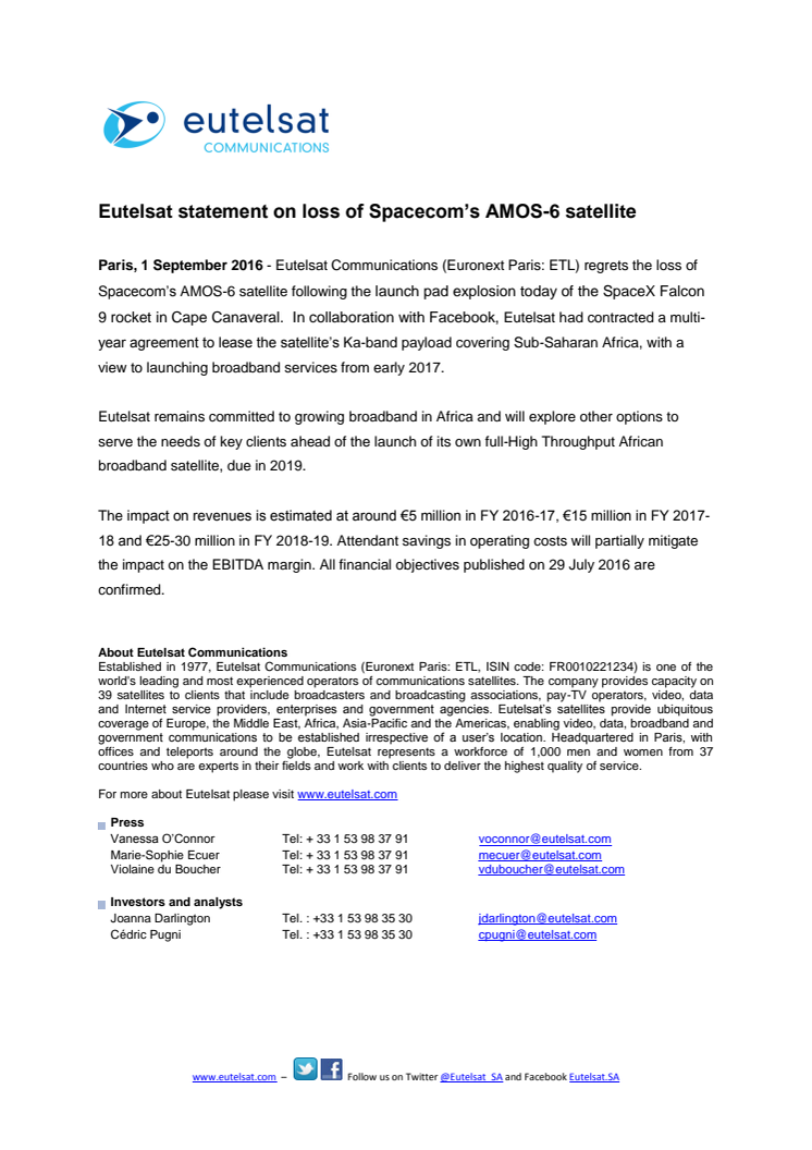 Eutelsat statement on loss of Spacecom’s AMOS-6 satellite