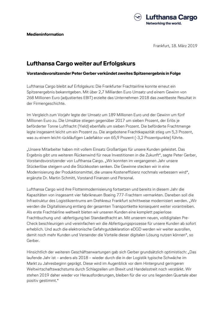 Lufthansa Cargo weiter auf Erfolgskurs