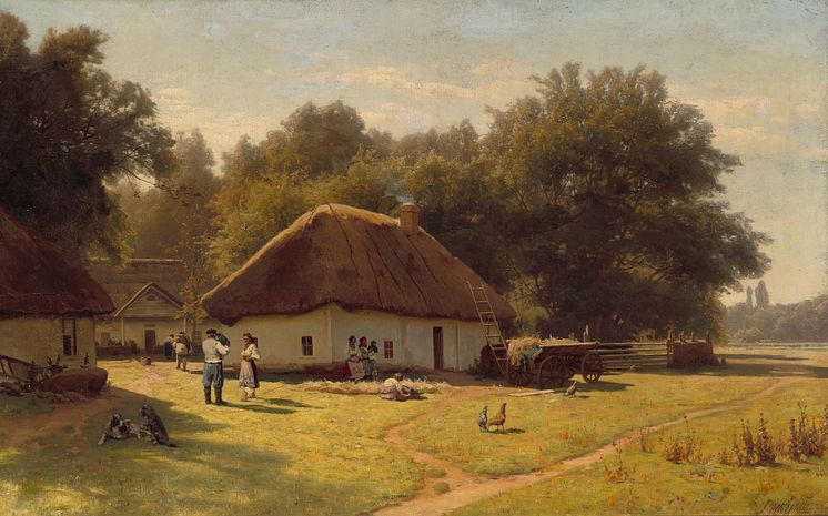 Vladimir Donatovich Orlovsky: Russian landscape with peasants at a farmer's house in the forest outskirts. Signed Orlovsky (in Cyrillic). 87 x 139 cm.