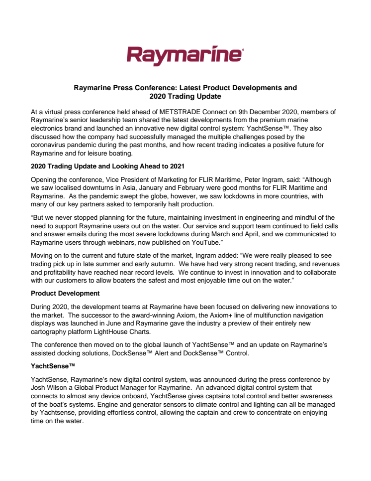 Raymarine Press Conference: Latest Product Developments and  2020 Trading Update 