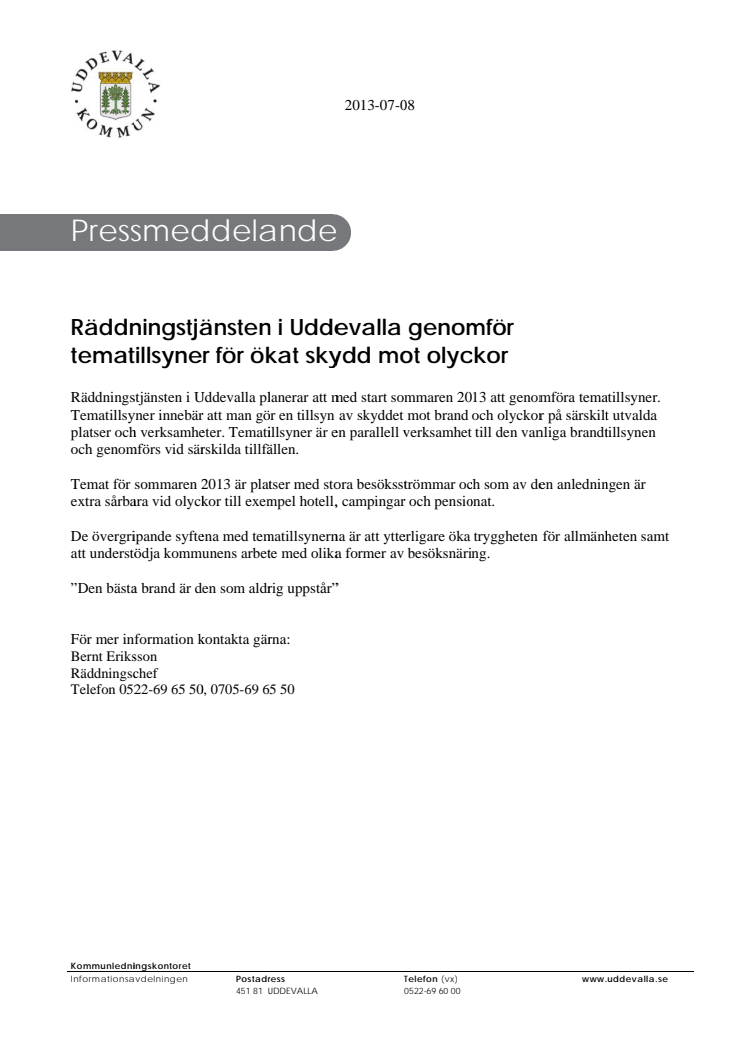 Räddningstjänsten i Uddevalla genomför tematillsyner för ökat skydd mot olyckor