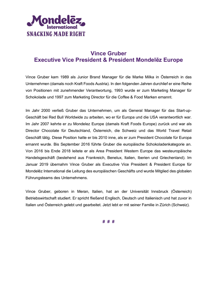 Mondelēz International ernennt Vince Gruber zum Leiter des Europageschäfts