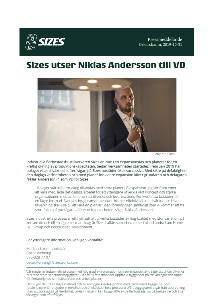 Sizes utser Niklas Andersson till VD
