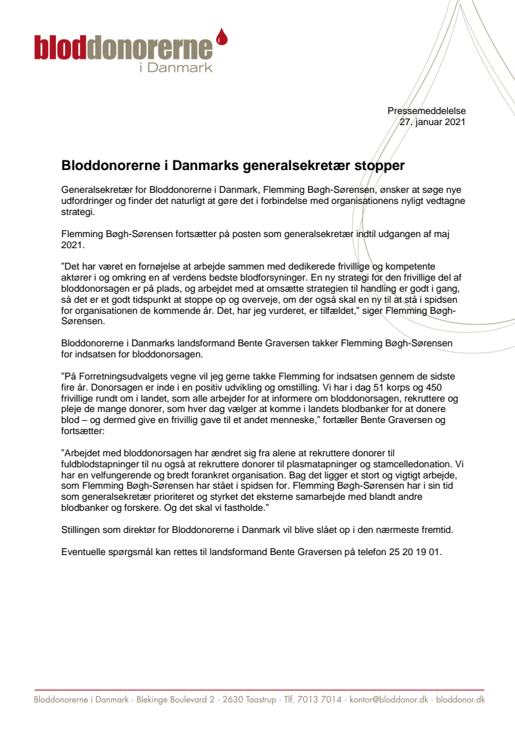 Bloddonorerne i Danmarks generalsekretær stopper