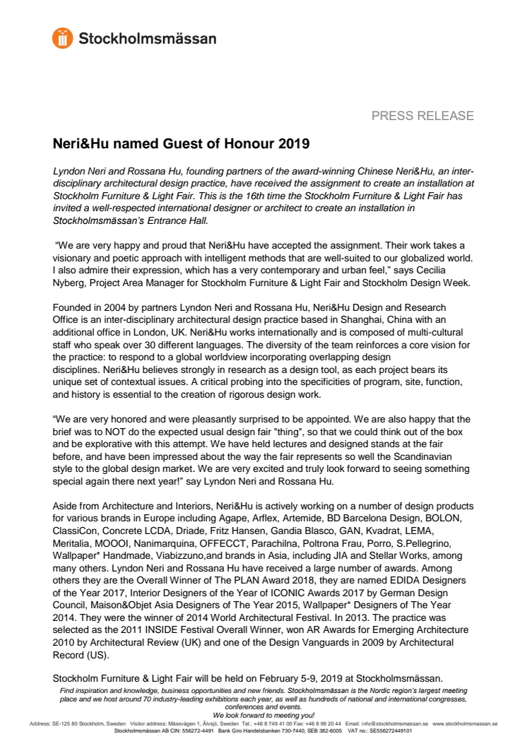 Neri&Hu named Guest of Honour 2019