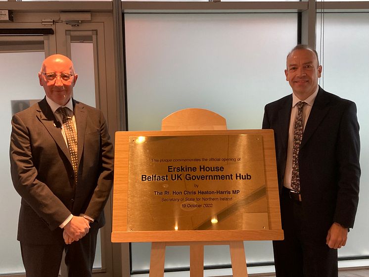 (L-R) Jim Harra, HMRC’s First Permanent Secretary and Chief Executive, and NI Secretary of State Chris Heaton-Harris at the formal opening of Erskine House, HMRC’s Belfast Regional Centre and UK Gov hub