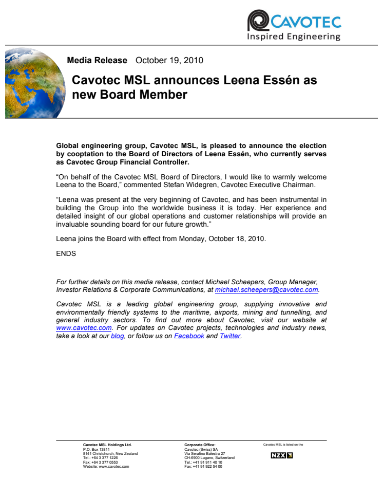 Cavotec MSL announces Leena Essén as new Board Member