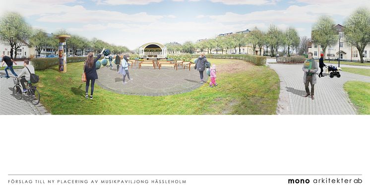 Skiss från Mono arkitekter AB med förslag på musikpaviljongens nya placering med vy över kaserngården.