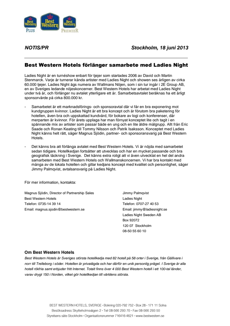 Best Western Hotels förlänger samarbete med Ladies Night