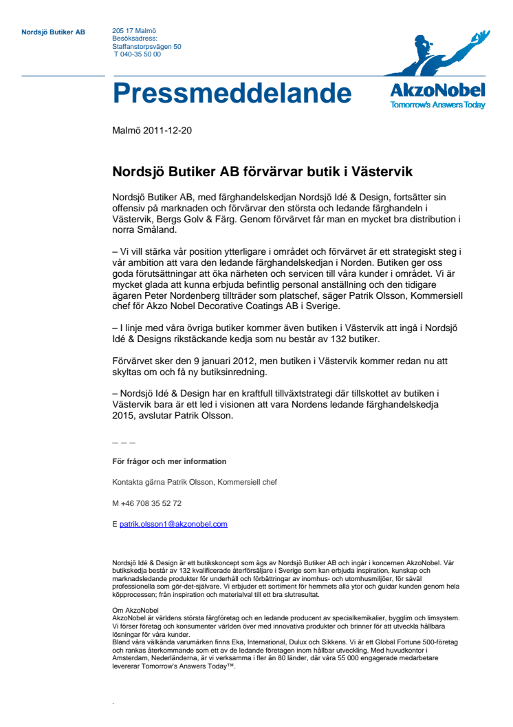 Nordsjö Butiker AB förvärvar butik i Västervik