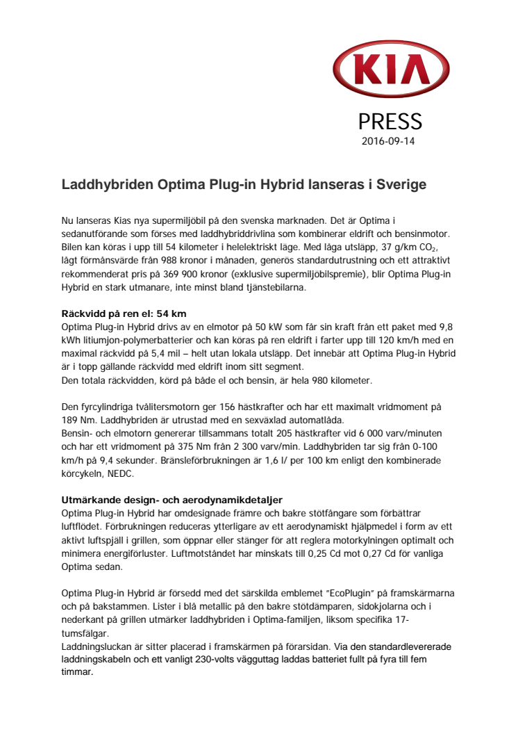 Laddhybriden Optima Plug-in Hybrid lanseras i Sverige