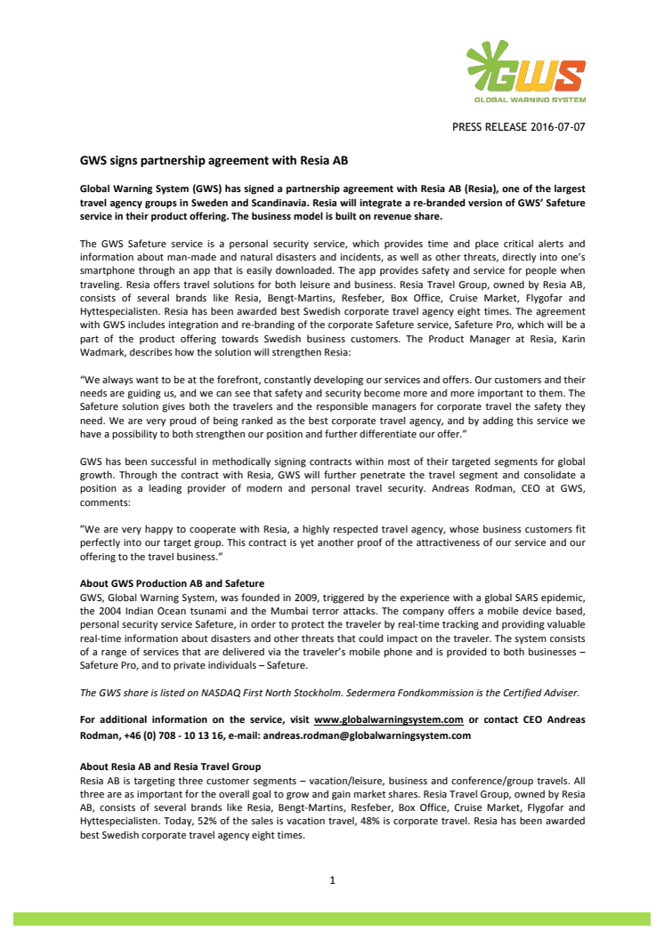 GWS signs partnership agreement with Resia AB
