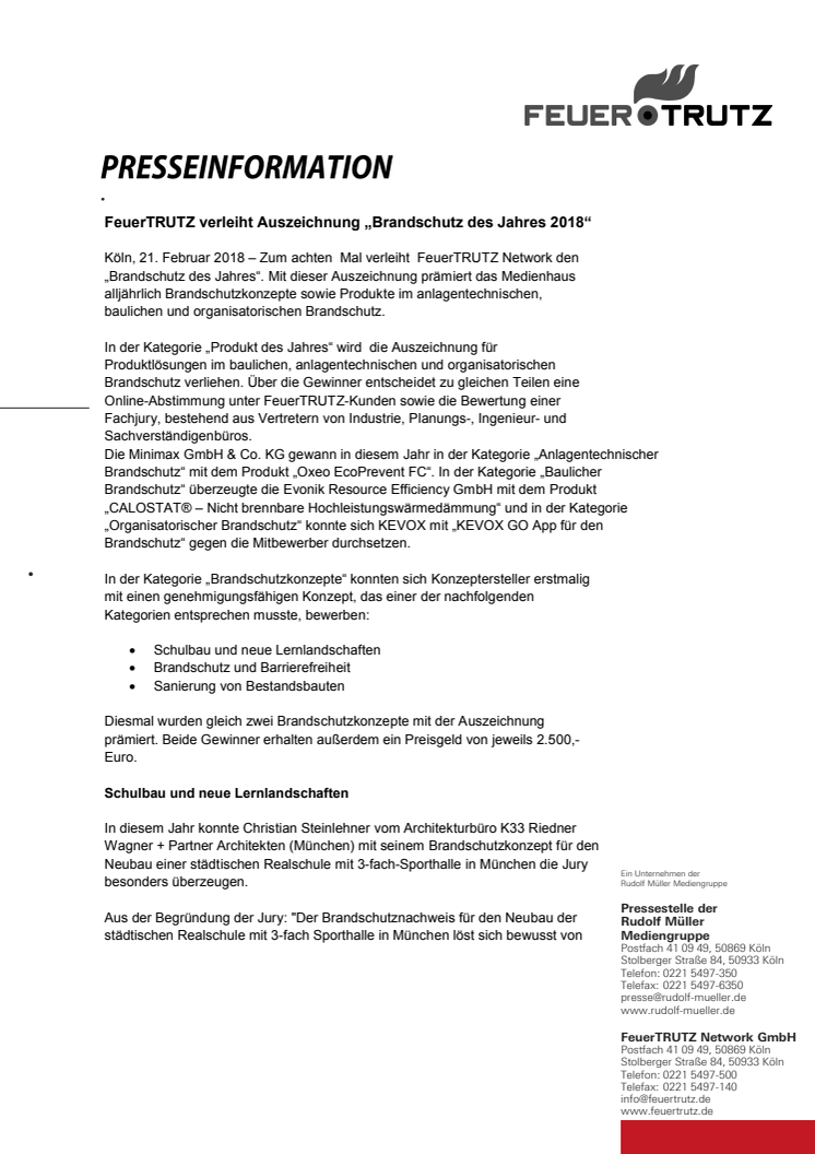 FeuerTRUTZ verleiht Auszeichnung „Brandschutz des Jahres 2018“