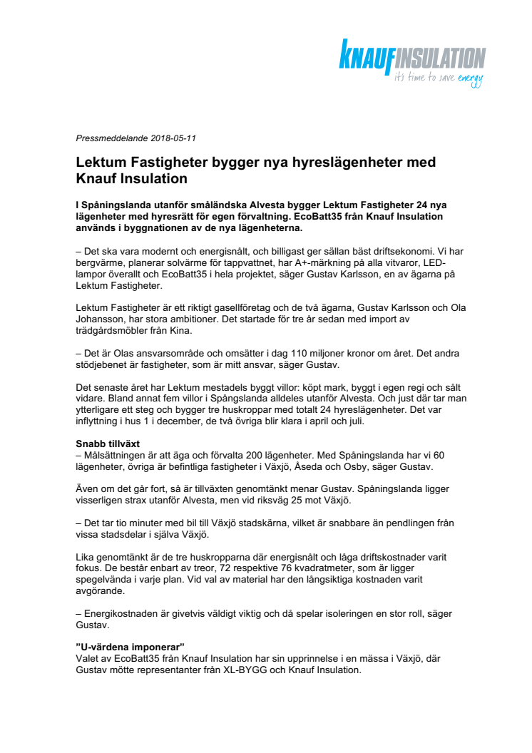 Lektum Fastigheter bygger nya hyreslägenheter med Knauf Insulation