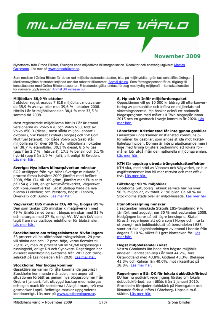 Gröna Bilisters nyhetsbrev för november 2009
