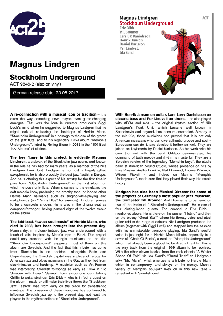 Magnus Lindgren släpper nytt album ”Stockholm Underground” -  A Tribute to Herbie Mann den 1  september