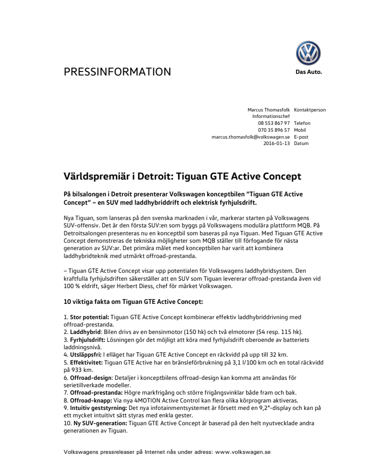 Världspremiär i Detroit: Tiguan GTE Active Concept