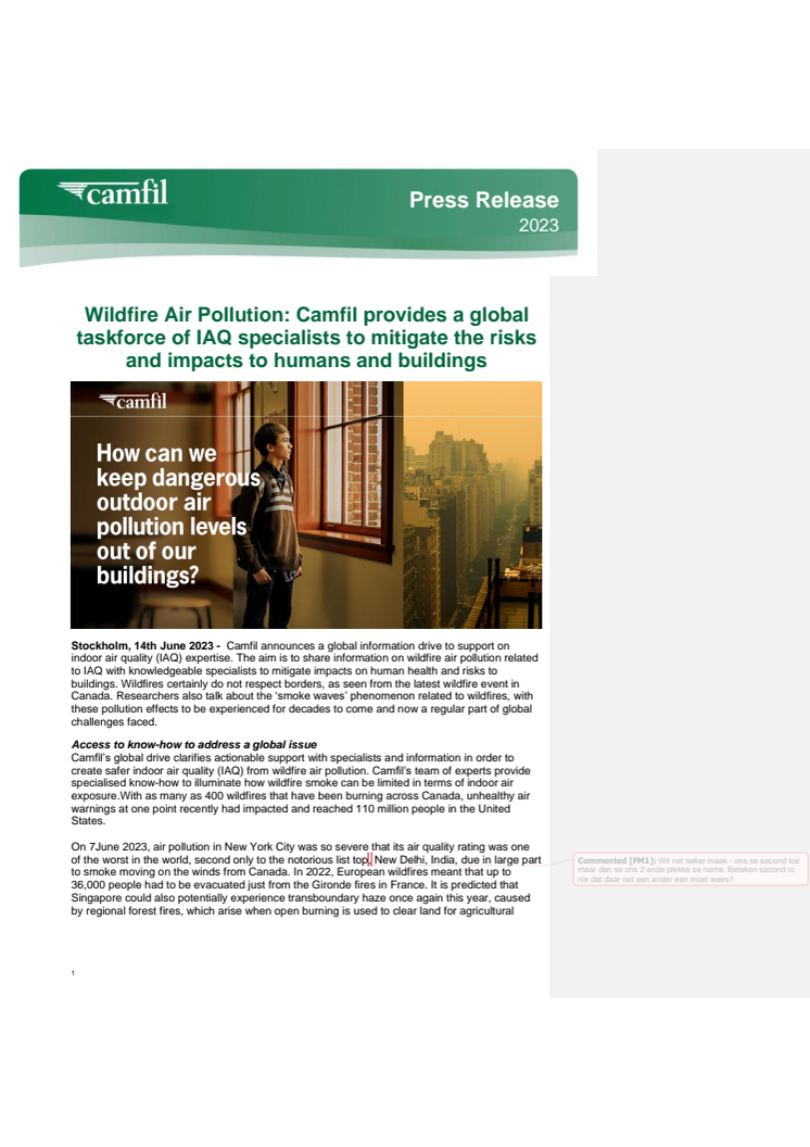 Press Release_2023_14 June 2023_Wildfires air pollution_Camfil’s provides a global taskforce of IAQ specialists to mitigate the risks and impacts to human and buildings.pdf