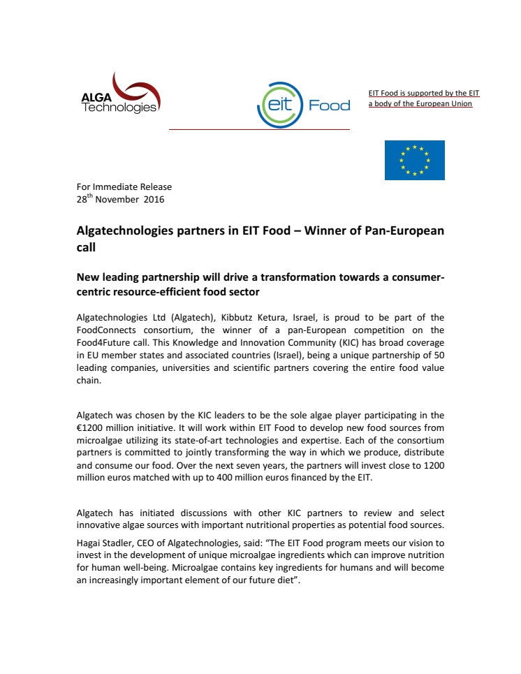 Algatechnologies partners in EIT Food – Winner of Pan-European call 