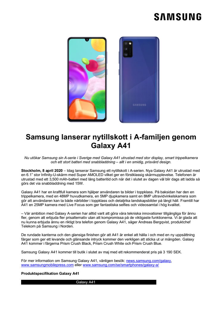 Samsung lanserar nytillskott i A-familjen genom Galaxy A41