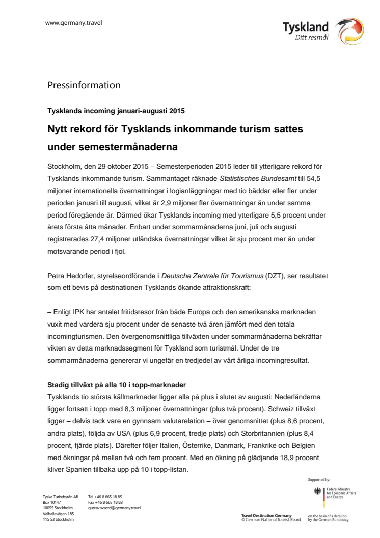 Nytt rekord för Tysklands inkommande turism sattes under semestermånaderna