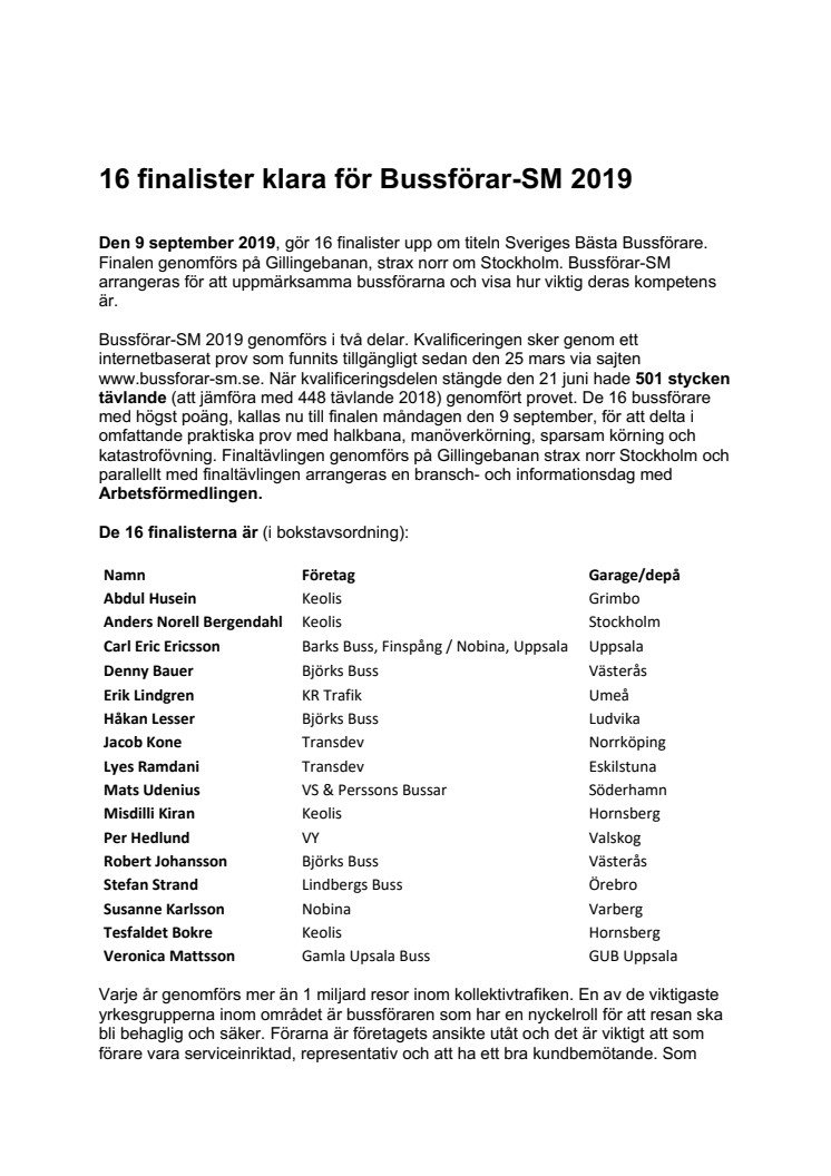 16 finalister klara för Bussförar-SM 2019