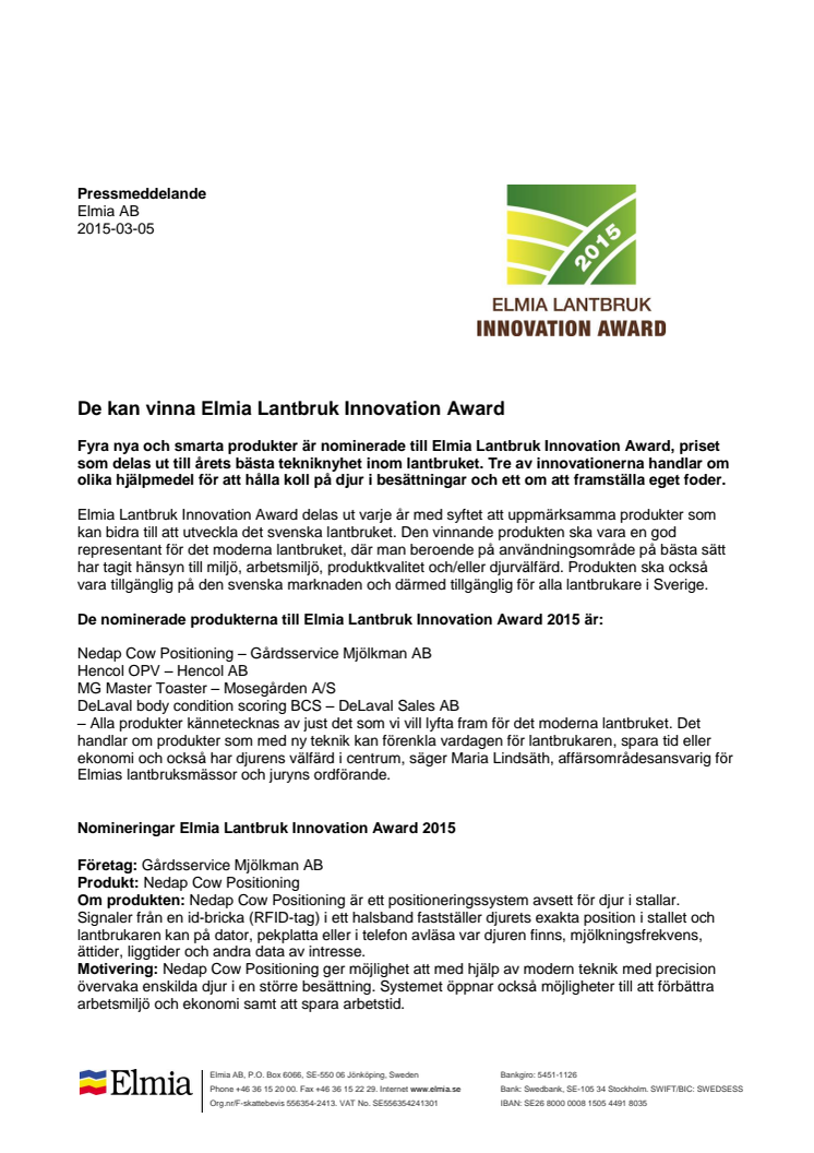 ​De kan vinna Elmia Lantbruk Innovation Award