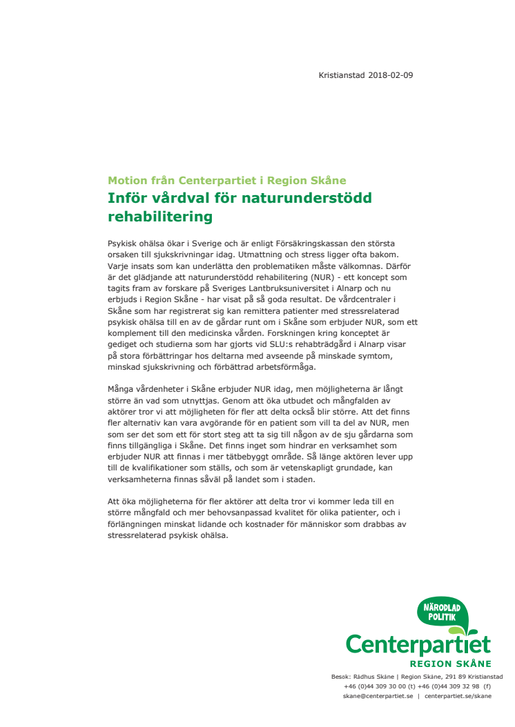 Motion: Inför vårdval för naturunderstödd rehabilitering