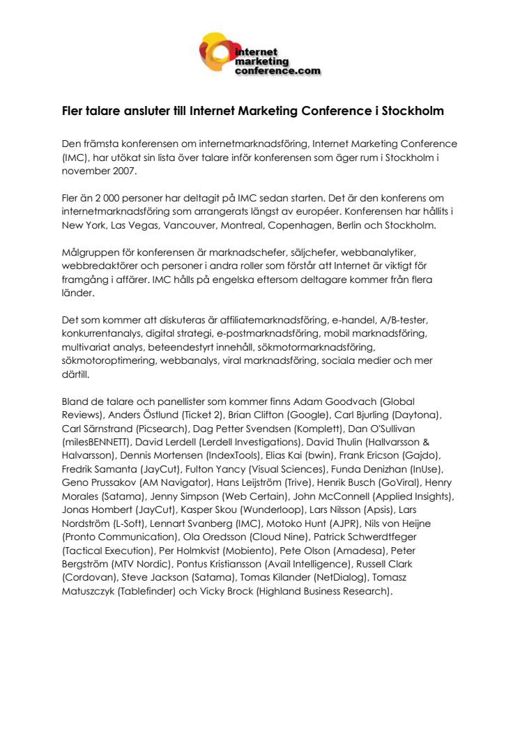 Fler talare ansluter till Internet Marketing Conference i Stockholm