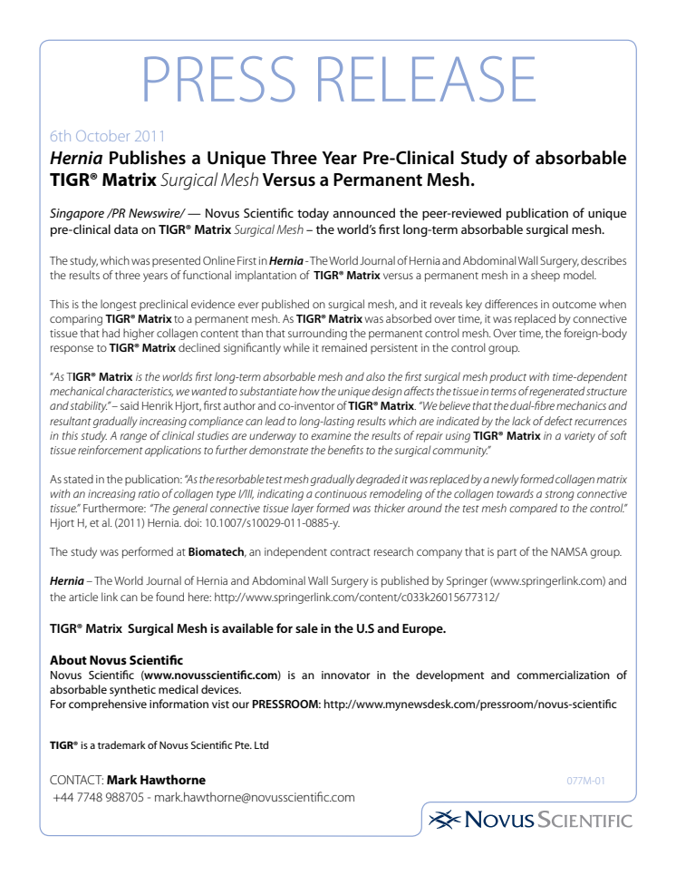 Hernia Publishes a Unique Three Year Pre-Clinical Study of absorbable TIGR® Matrix Surgical Mesh Versus a Permanent Mesh