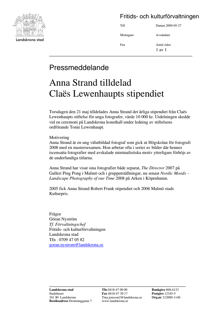 Anna Strand tilldelad Claës Lewenhaupts stipendiet 