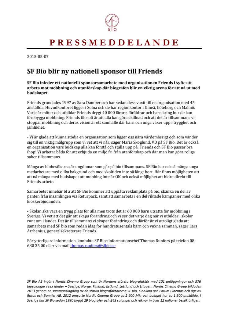 SF Bio blir ny nationell sponsor till Friends