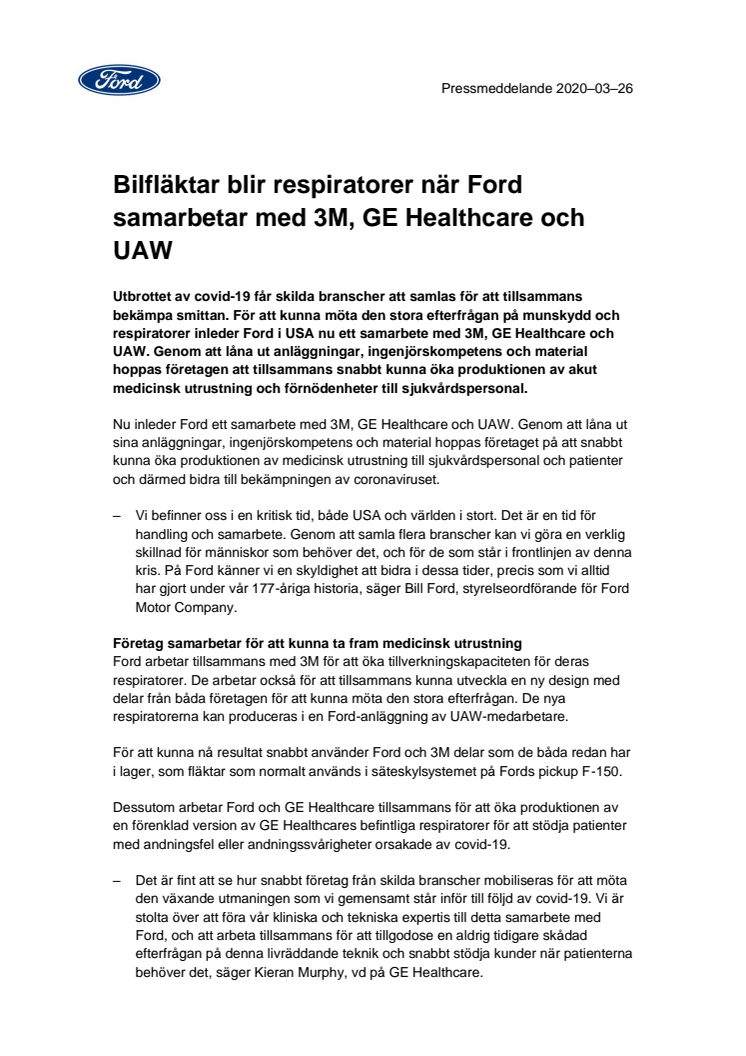 Bilfläktar blir respiratorer när Ford samarbetar med 3M, GE Healthcare och UAW