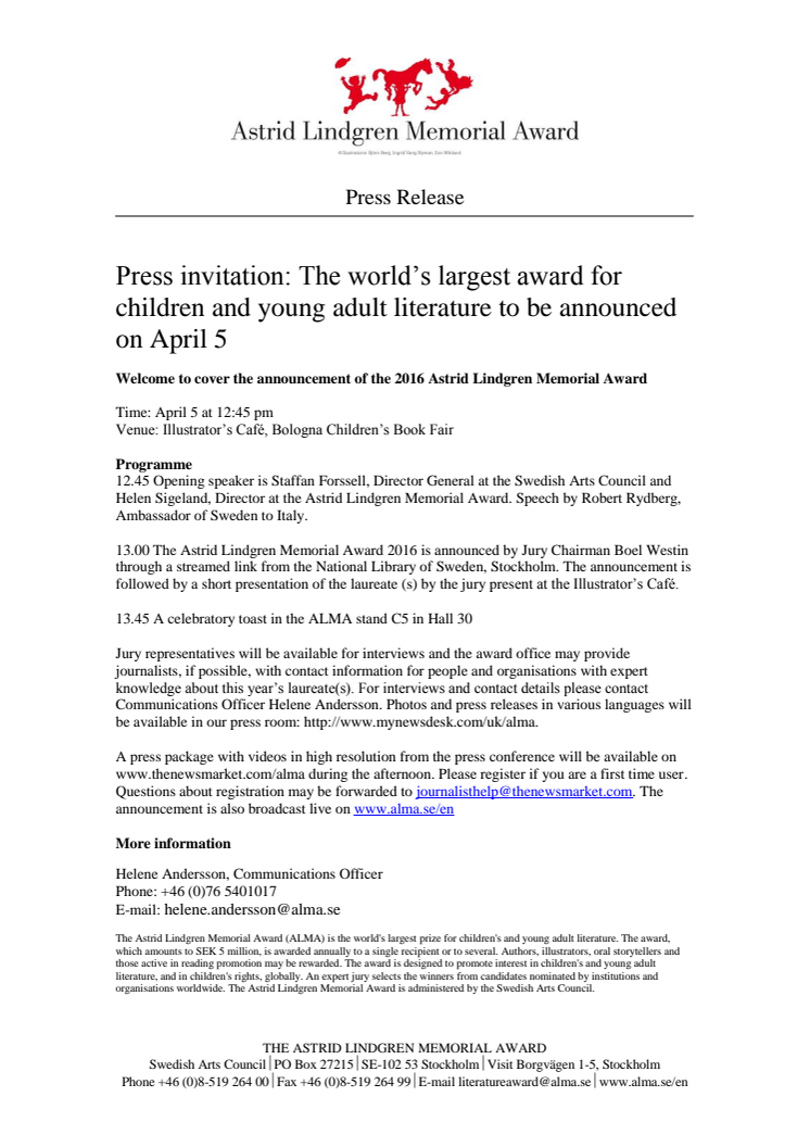 Press invitation: The world’s largest award for children's and young adult literature to be announced on April 5