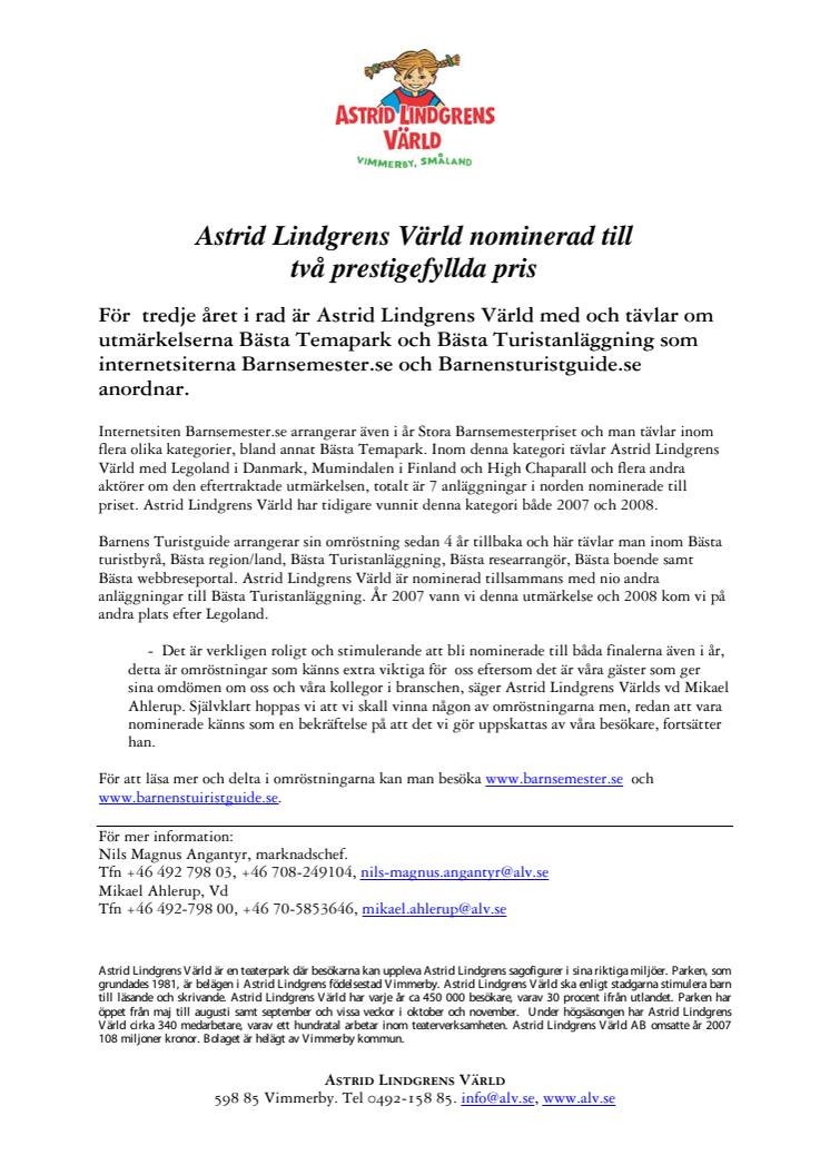 Astrid Lindgrens Värld nominerad till två prestigefyllda pris.