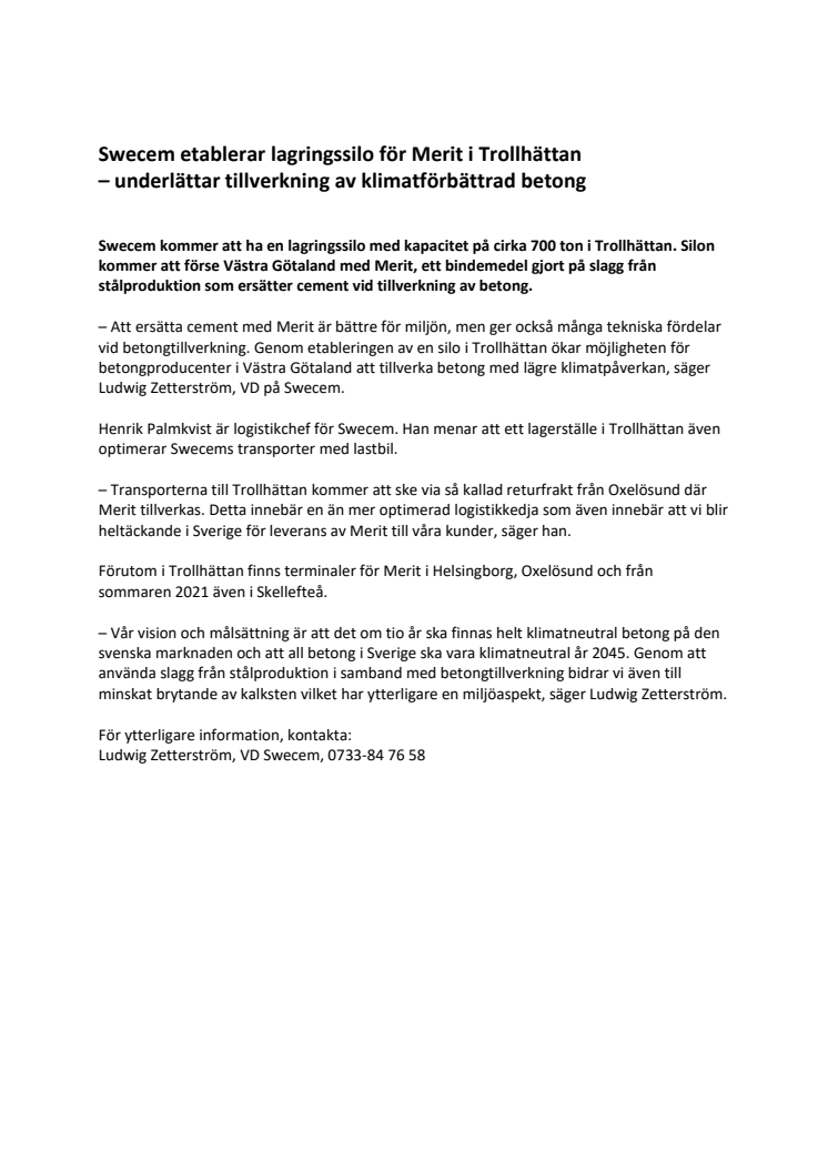 Swecem etablerar lagringssilo för Merit i Trollhättan – underlättar tillverkning av klimatförbättrad betong 
