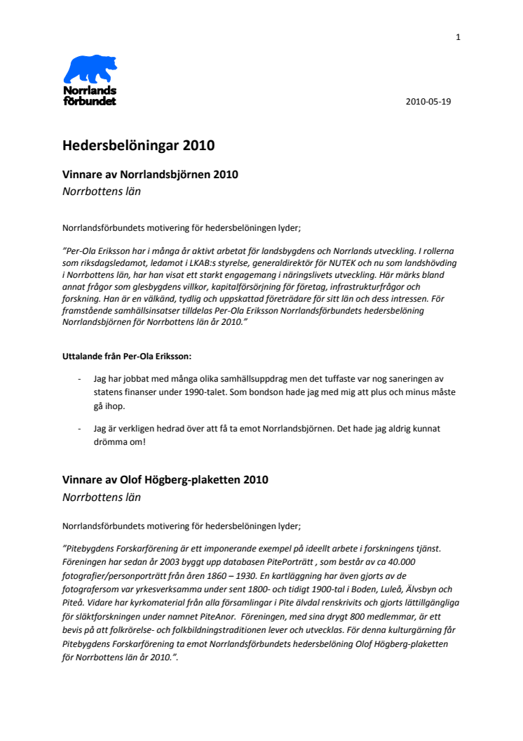 Norrlandsbjörnar och Olof Högberg-plaketter 2010