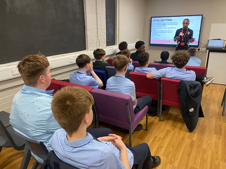 Lewis Sykes of Stevenage FC Foundation delivers his first session at The Nobel School, Stevenage.JPG