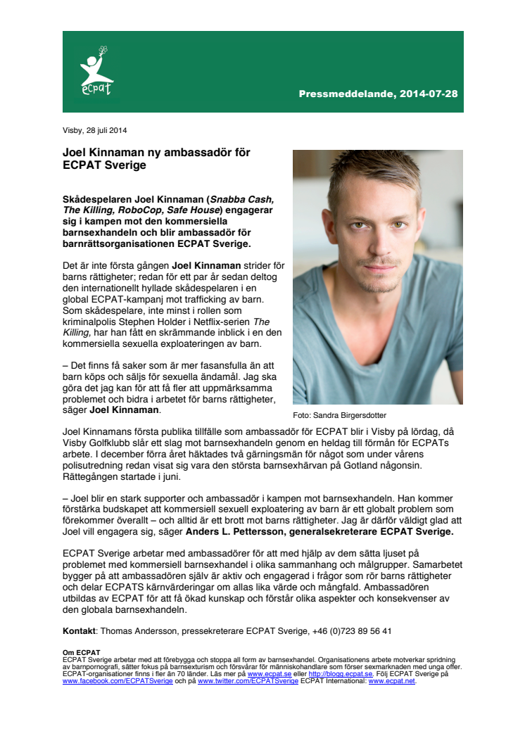 Joel Kinnaman ny ambassadör för ECPAT Sverige 