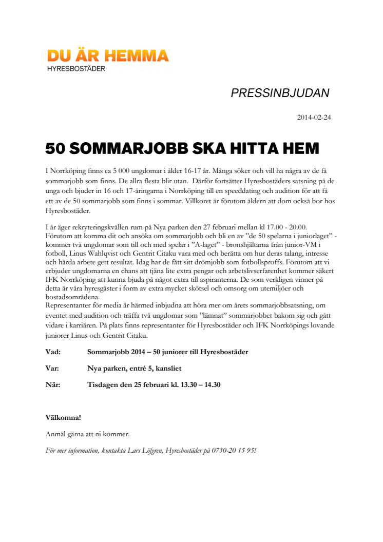 Pressinbjudan: 50 sommarjobb ska hitta hem