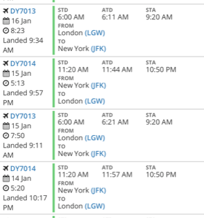 Flightradar24 data showing the official flight time of record-breaking flight