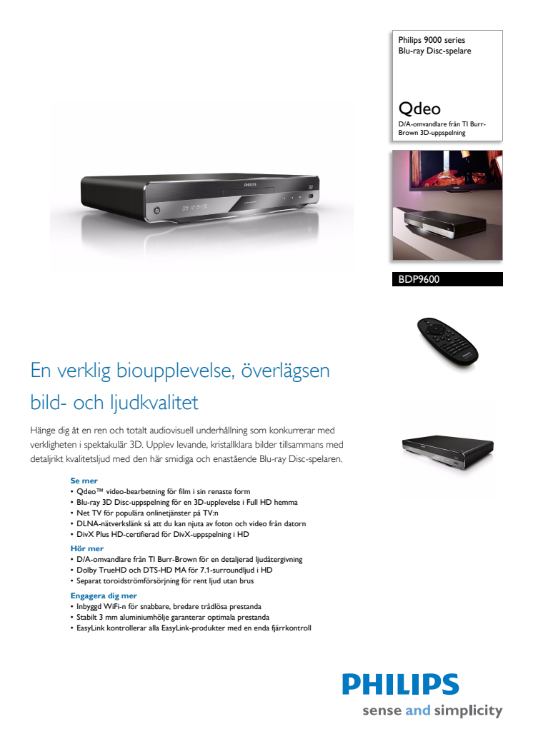 Produktblad med funktioner och tekniska specifikationer Philips BDP 9600 