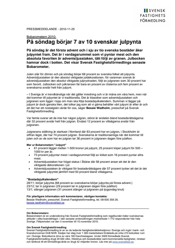 Bobarometern 2010: På söndag börjar 7 av 10 svenskar julpynta