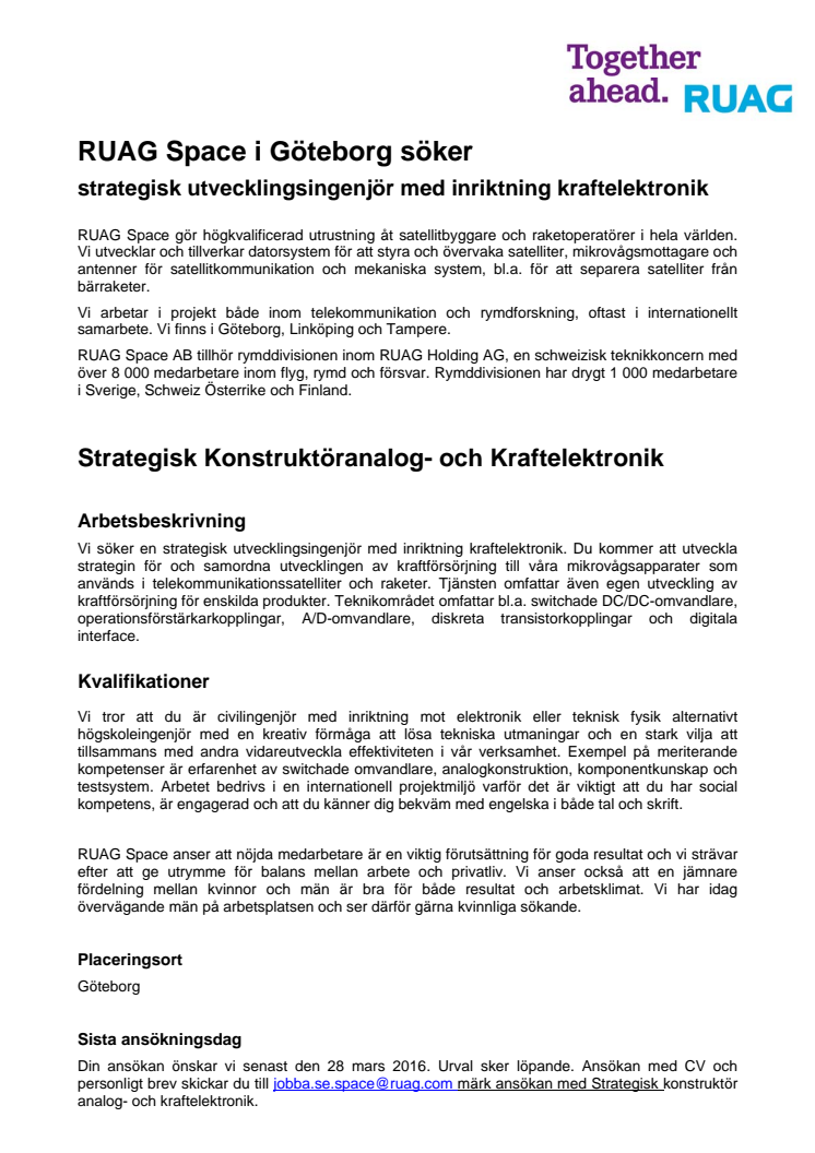 RUAG Space söker strategisk utvecklingsingenjör med inriktning kraftelektronik