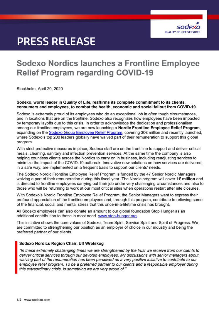 Sodexo Nordics launches a Frontline Employee Relief Program regarding COVID-19
