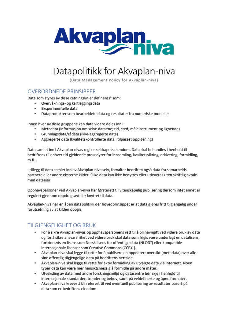 Datapolitikk for Akvaplan-niva